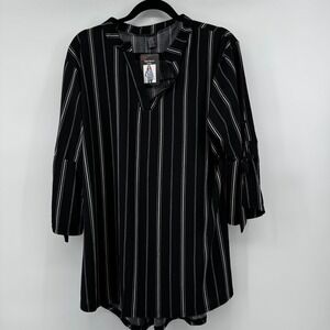 Black White Tunic Top Striped Split Sleeve V Neck Women L XL Career Office NWT